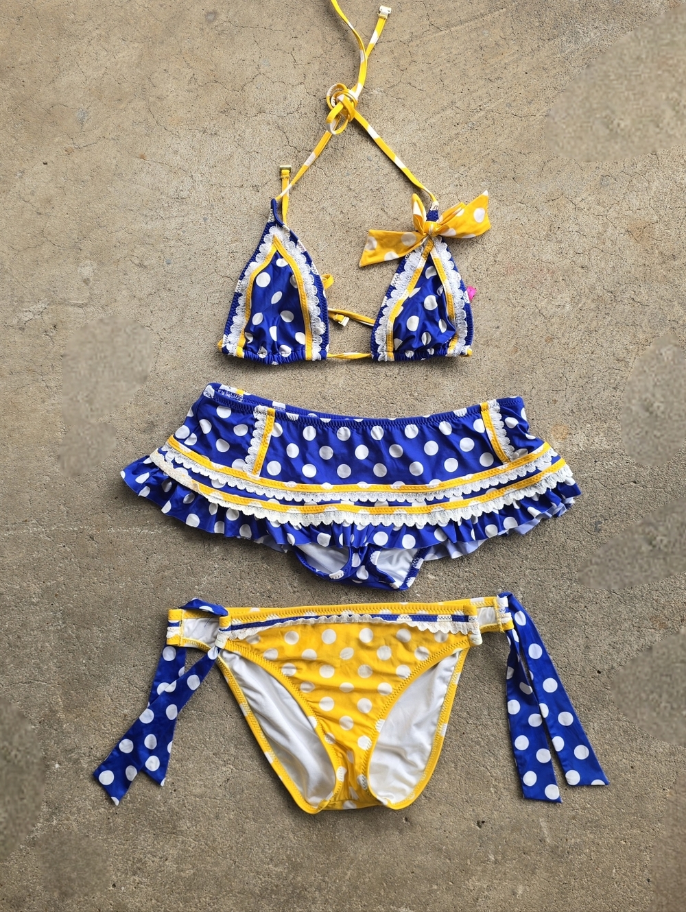 Vintage Betsey Johnson Pinup Bikini Polka Dot Ruffle Swimsuit Sz M 3pc